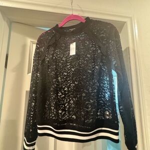 Black Lace Sweater with Striped Hem